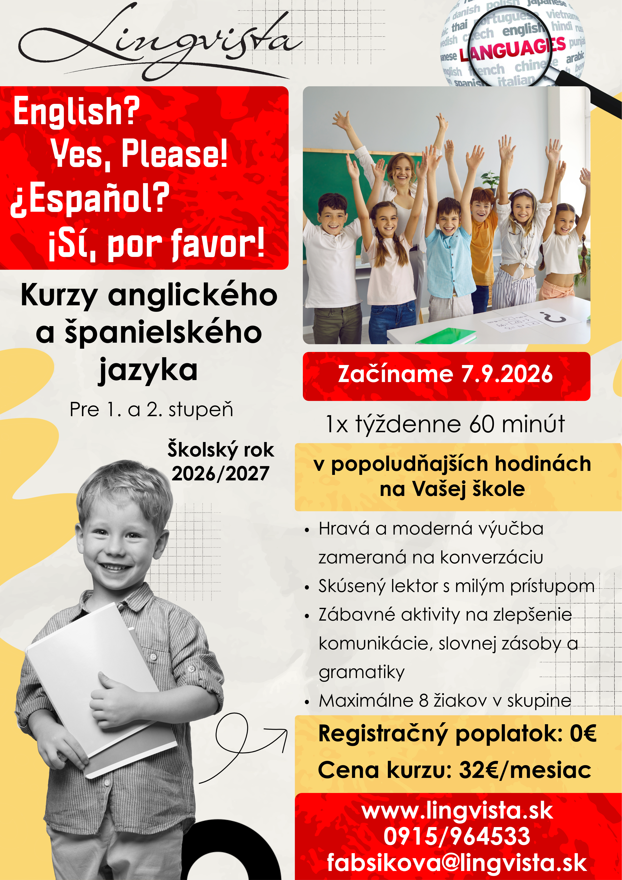 plagát jazykové kurzy angličtiny a španielčiny pre žiakov základnej školy